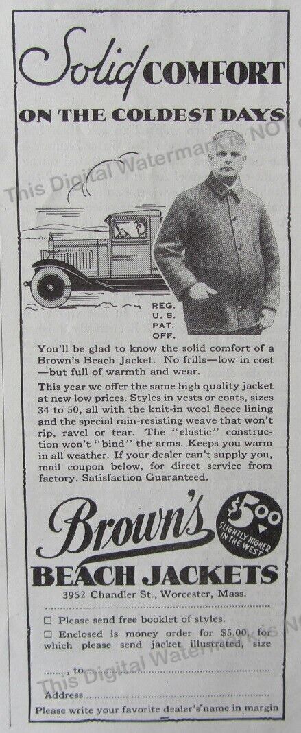 1932 Print Ad * Brown’s Beach Jackets Solid Comfort No Frills $5 Worcester MA