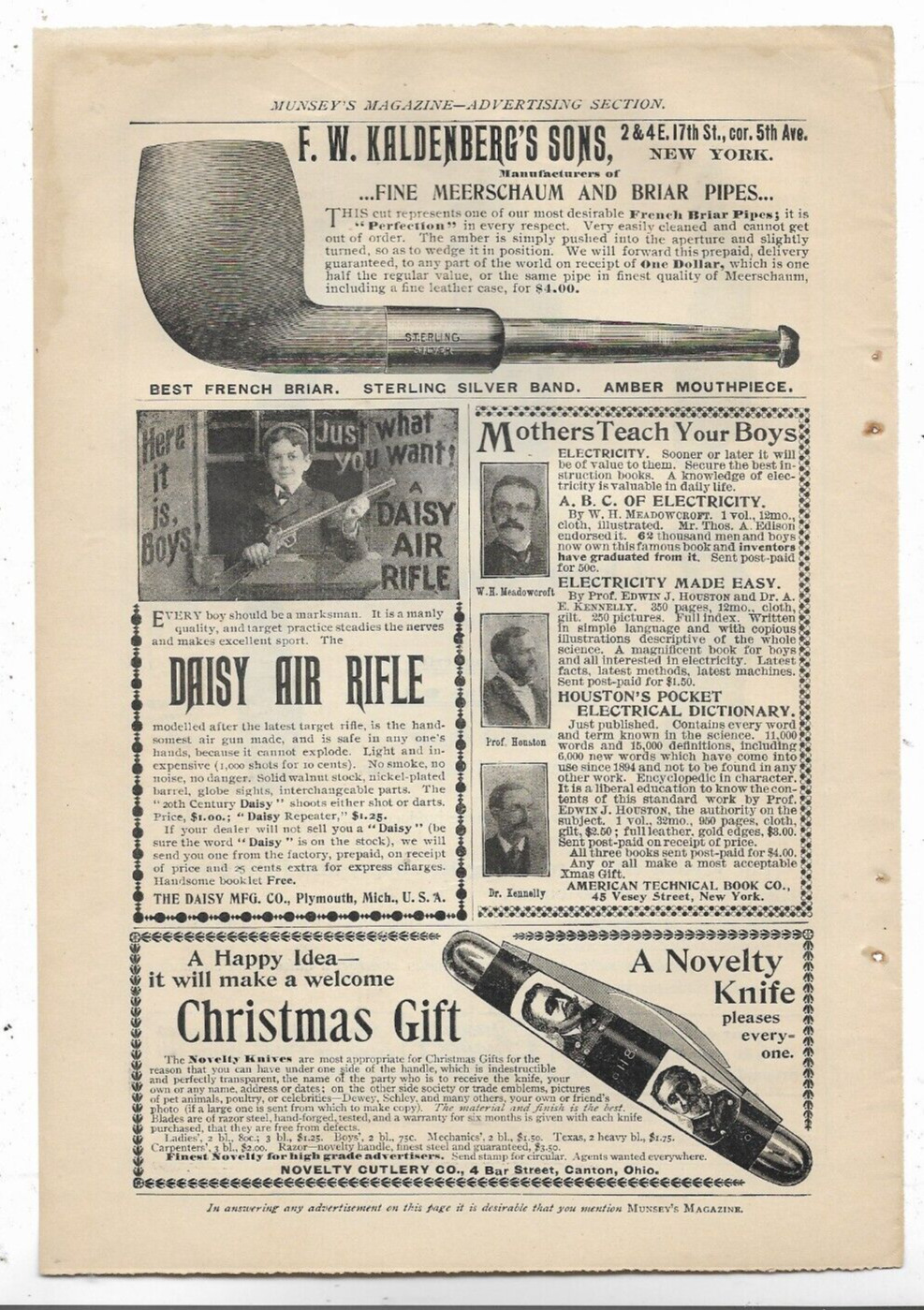 F.W. KALDENBERG'S PIPES DAISY AIR RIFLE 1898 MUNSEY'S MAGAZINE Print Ads 11