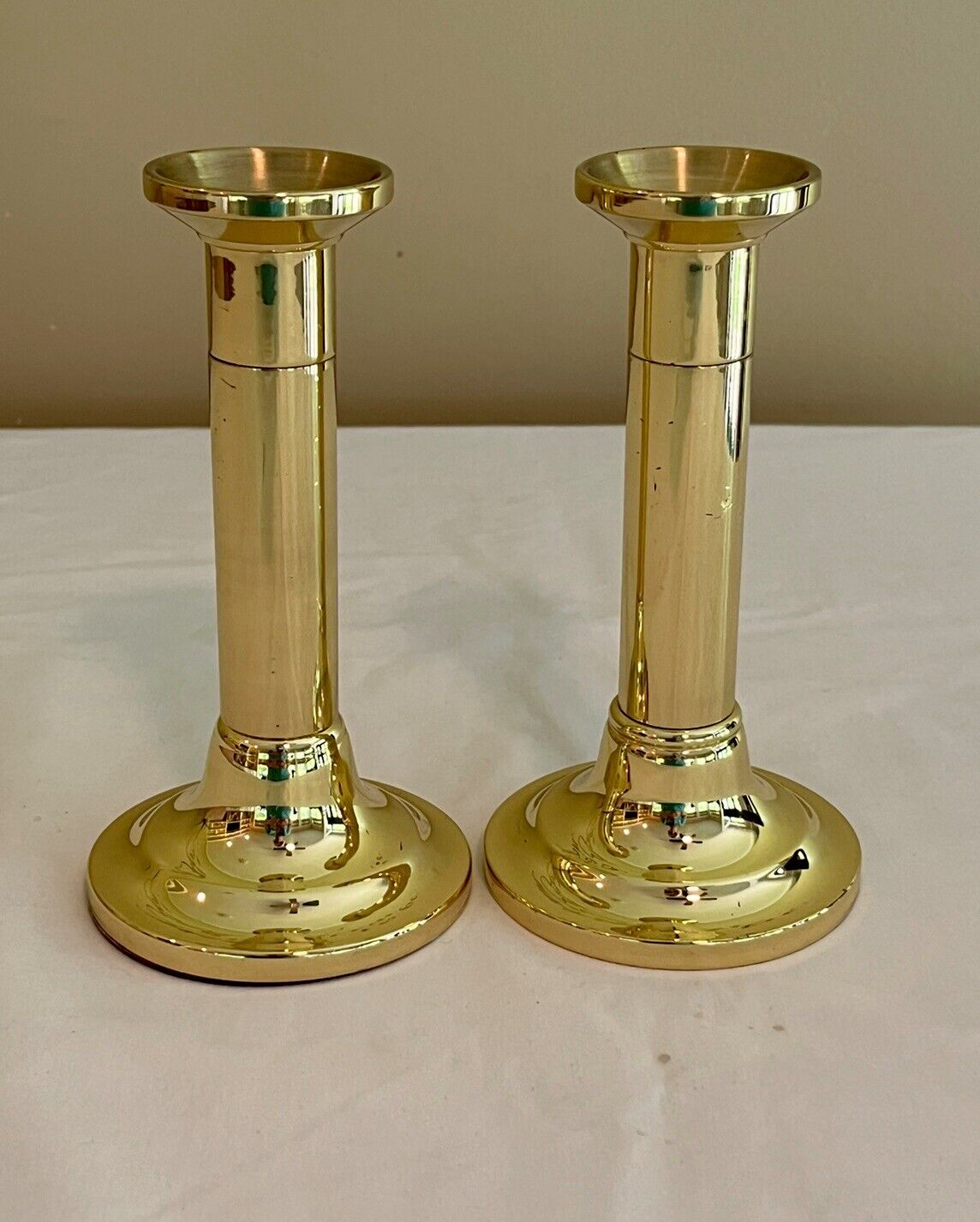 Pair of Baldwin Polished Brass Column Pillar Candlestick Holders 6.5” Tall