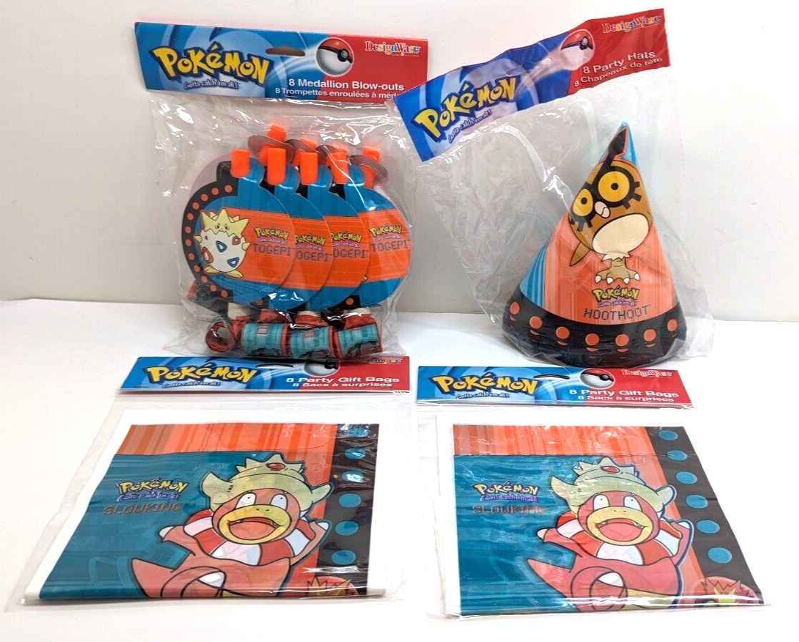 VTG 2000 Nintendo Pokemon Birthday Party Supplies Hats, Blowouts, Bags  (Sealed)