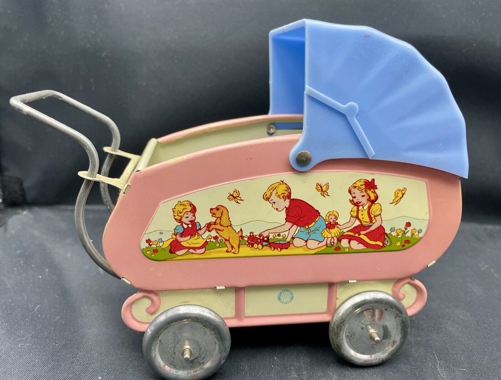 SUPERB 1950s Vintage Ohio Art Tin Litho Baby Buggy Carriage Stroller Lithograph