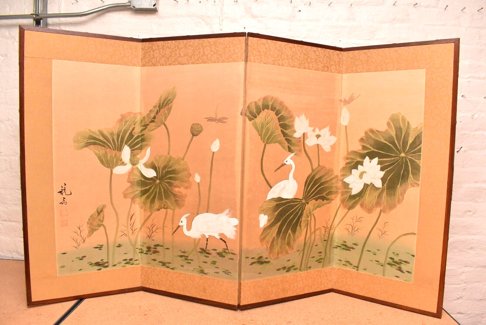Japanese VTG 4 Panel Folding Screen Asian Byobu Painted Chinese 59x35 Antique-