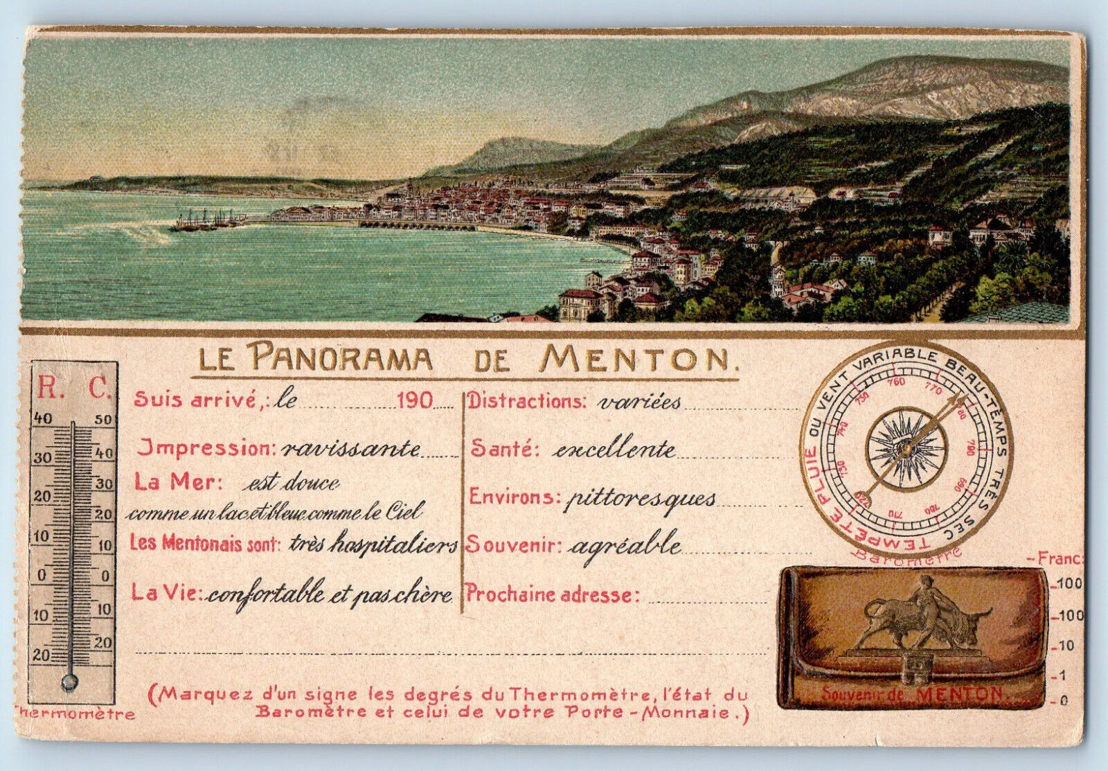 France Postcard The Panorama of Menton Compass Ruler 1919 US Army Mail