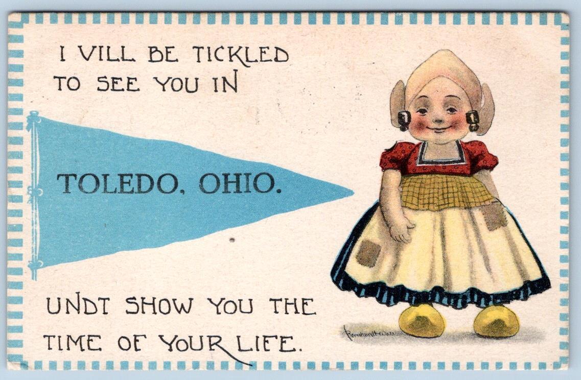 1913 TICKLED TO SEE YOU IN TOLEDO OHIO PENNANT POSTCARD PERRY\'S VICTORY CANCEL
