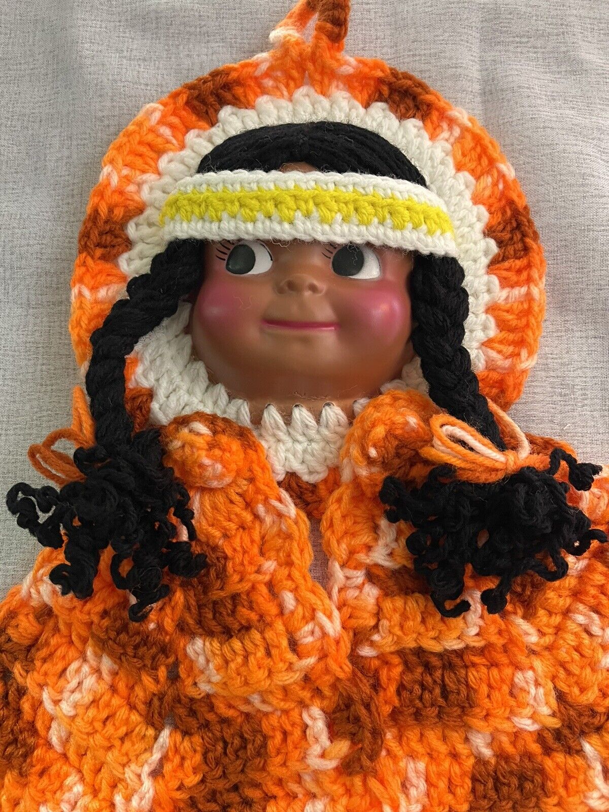 VTG Native American Doll Face Orange Crochet Knit Pot Holders Detachable