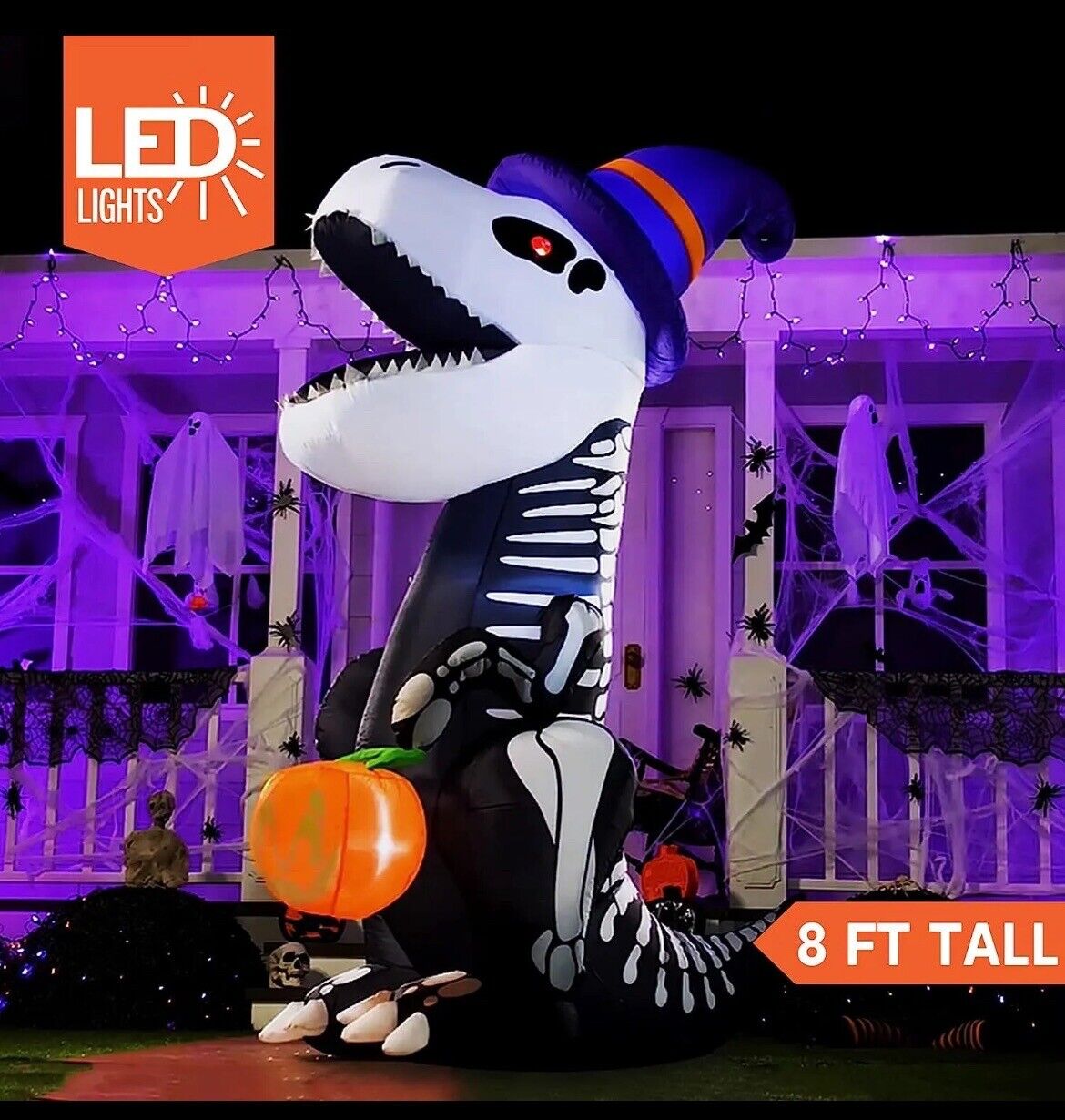 Joiedomi Halloween 8 FT Inflatable Skeleton Dinosaur with Build-in LEDs Blow Up