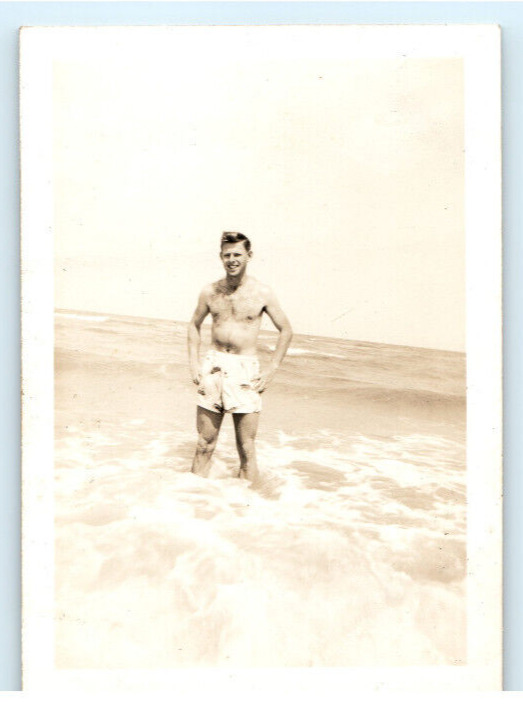 Vintage Photo 1947 Post WW2 Daytona Honeymoon Shirtless Vet Wading Ocean 3.5x2.5