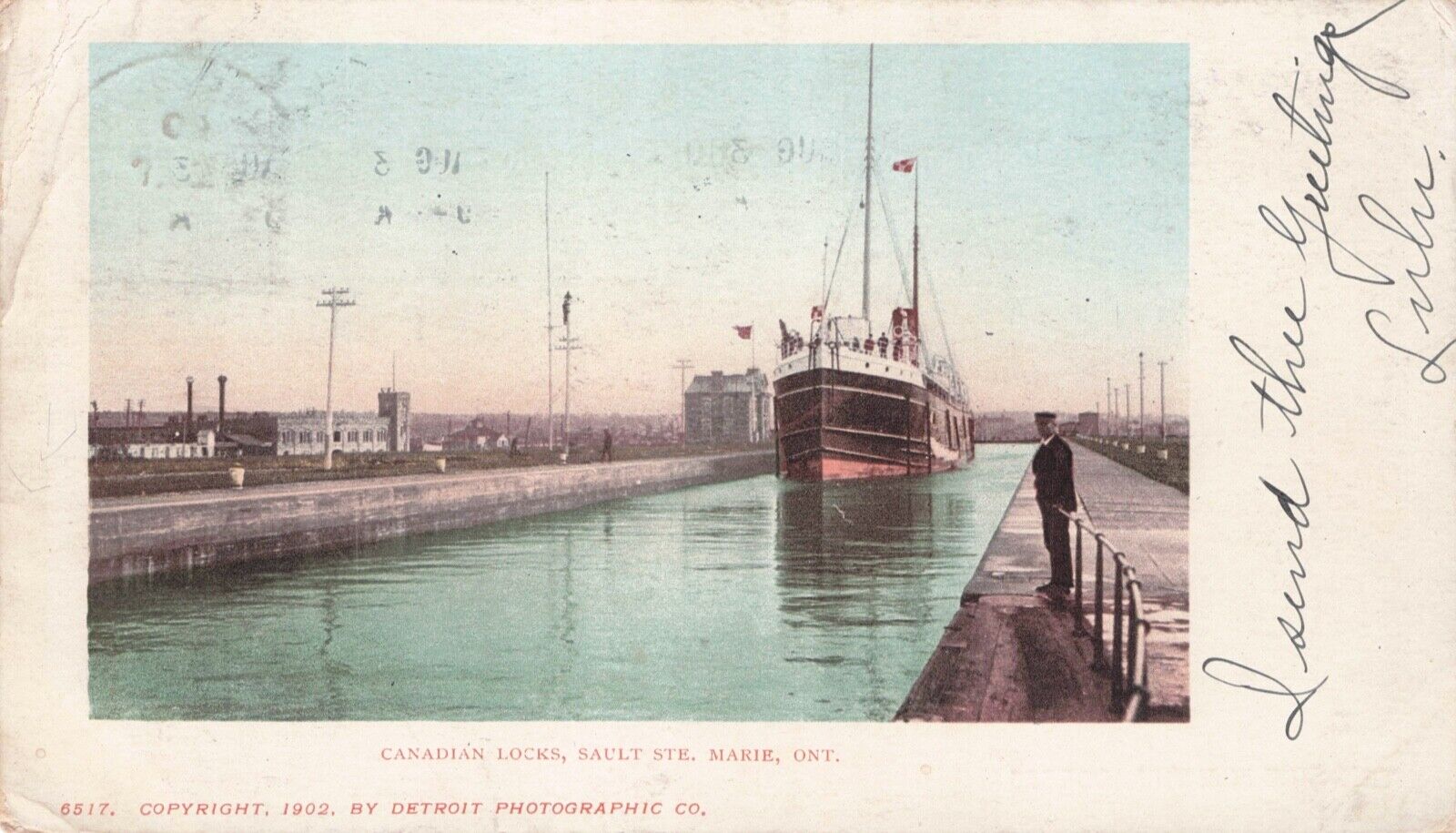 Sault Ste Marie Ontario Canada  Ship in Canadian Locks  vintage postcard  1903