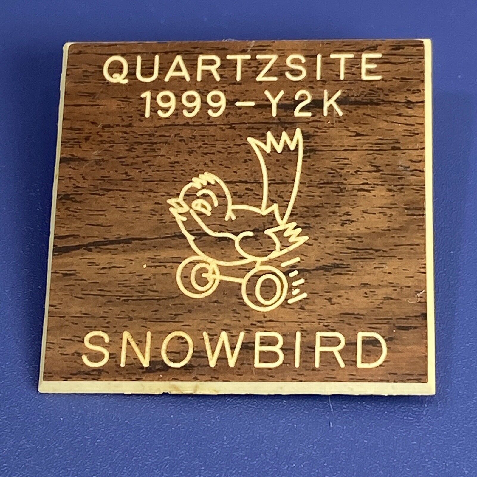 Vtg  1999-Y2K Quartzsite Arizona Snowbird Plastic Pin Bird On Wheels RV Retired