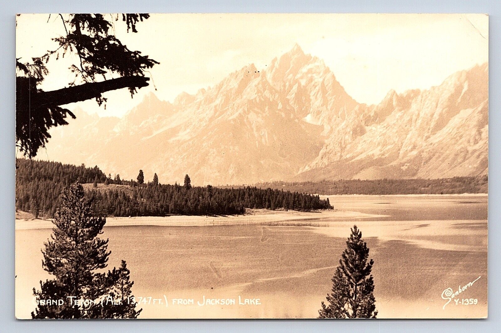 Postcard RPPC Real Photo Grand Teton Mountain From Jackson Lake Wyoming WY