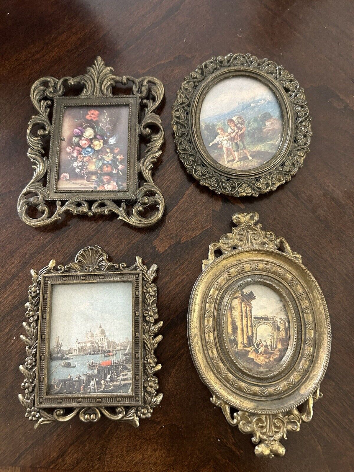 Lot 4 Vintage Ornate Brass Metal Oval Frames Picture Square Glass Made In Italy