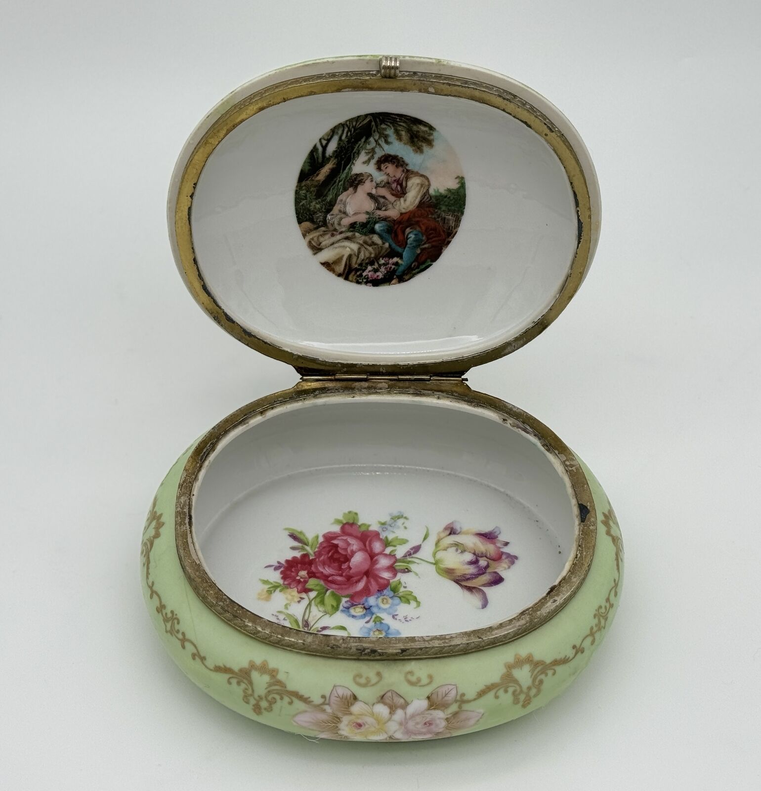 Antique Hand-Painted Porcelain Trinket Box with Gold Accents and Floral Design