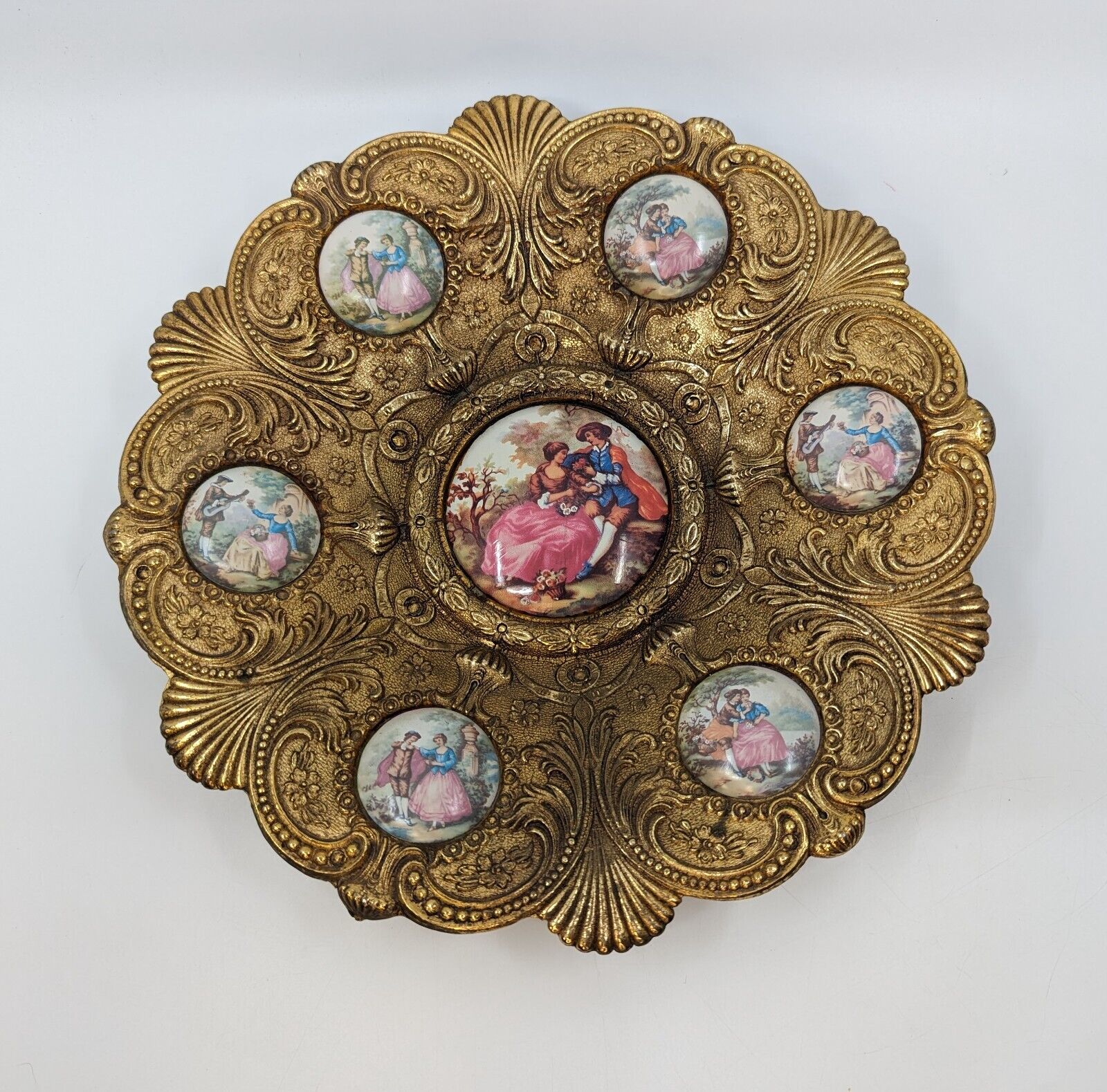 Vintage Gilt Metal Rocco Style Courting Couple Charger Wall Plate