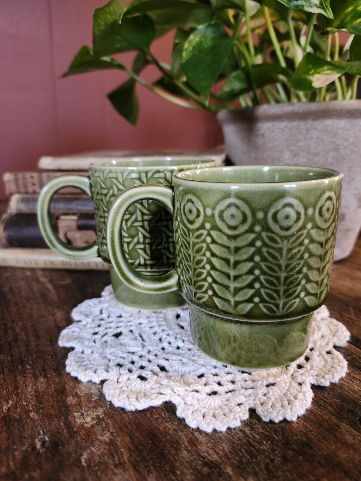 Vintage Set of 2 Green Stacking Coffee Mugs Cups, Made In Japan 