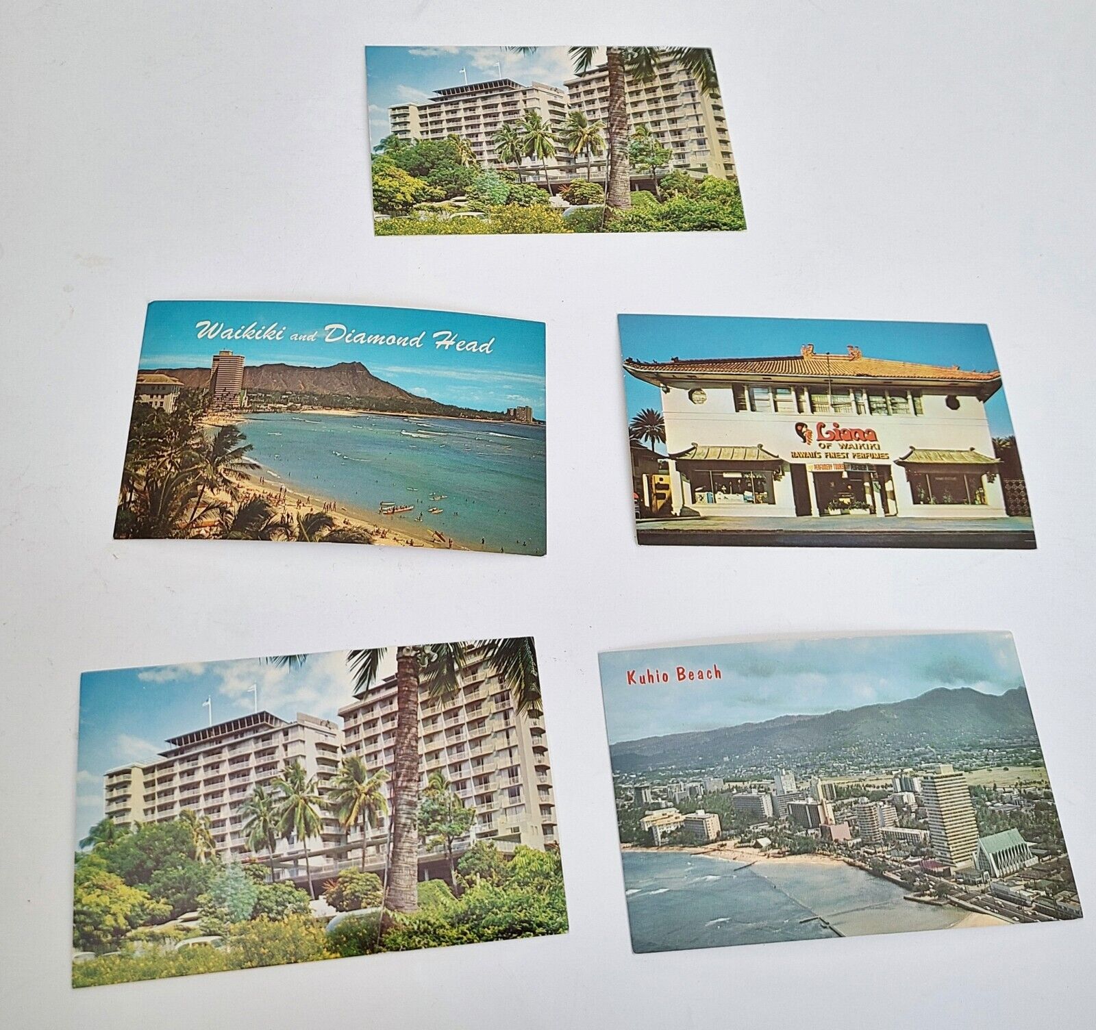 5 Vintage unused Hawaii Postcards Cars Hotel Beach Waikiki Diamond Head