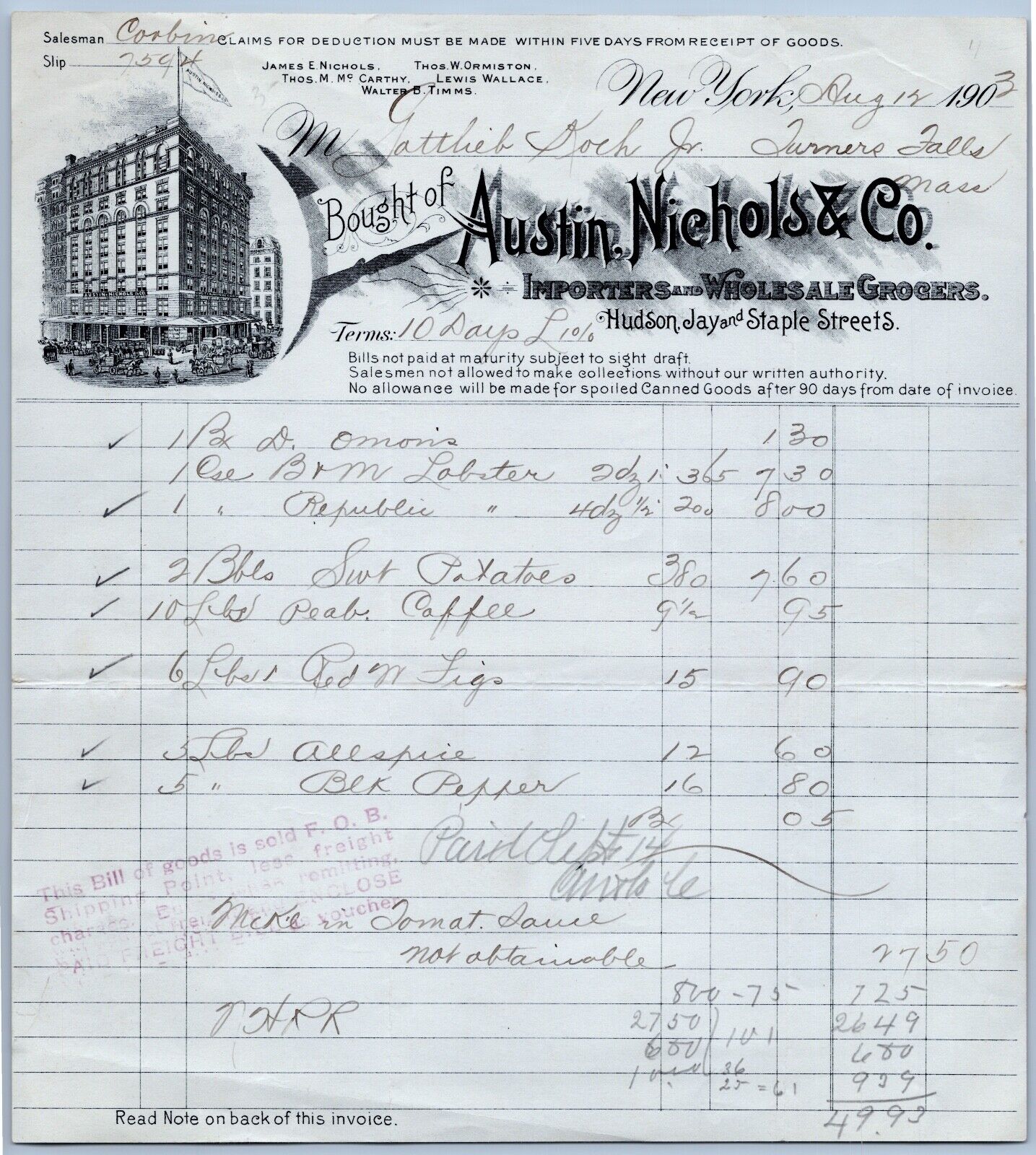 1903 Austin Nichols & Co Billhead New York NY Grocer Groceries Building Vignette