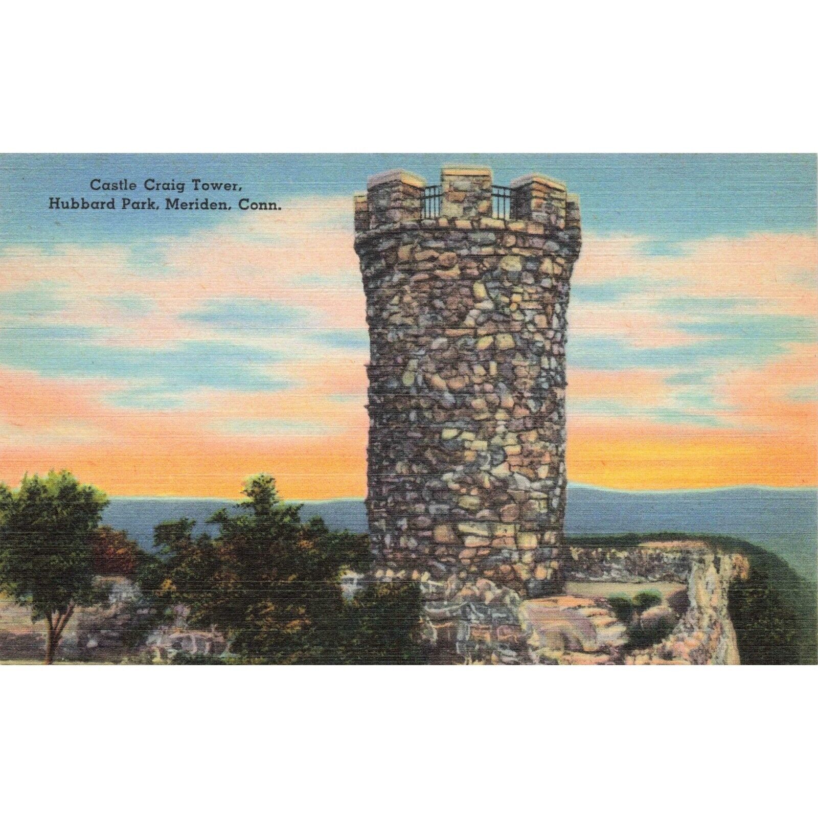 Postcard Castle Craig Tower, Hubbard Park, Meriden, Conn. Vintage Linen Unposted