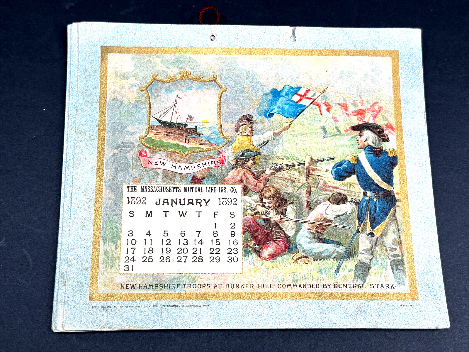 1892 MAssachusetts Mutual Life Calendar STATES NICE revolutionary civil war