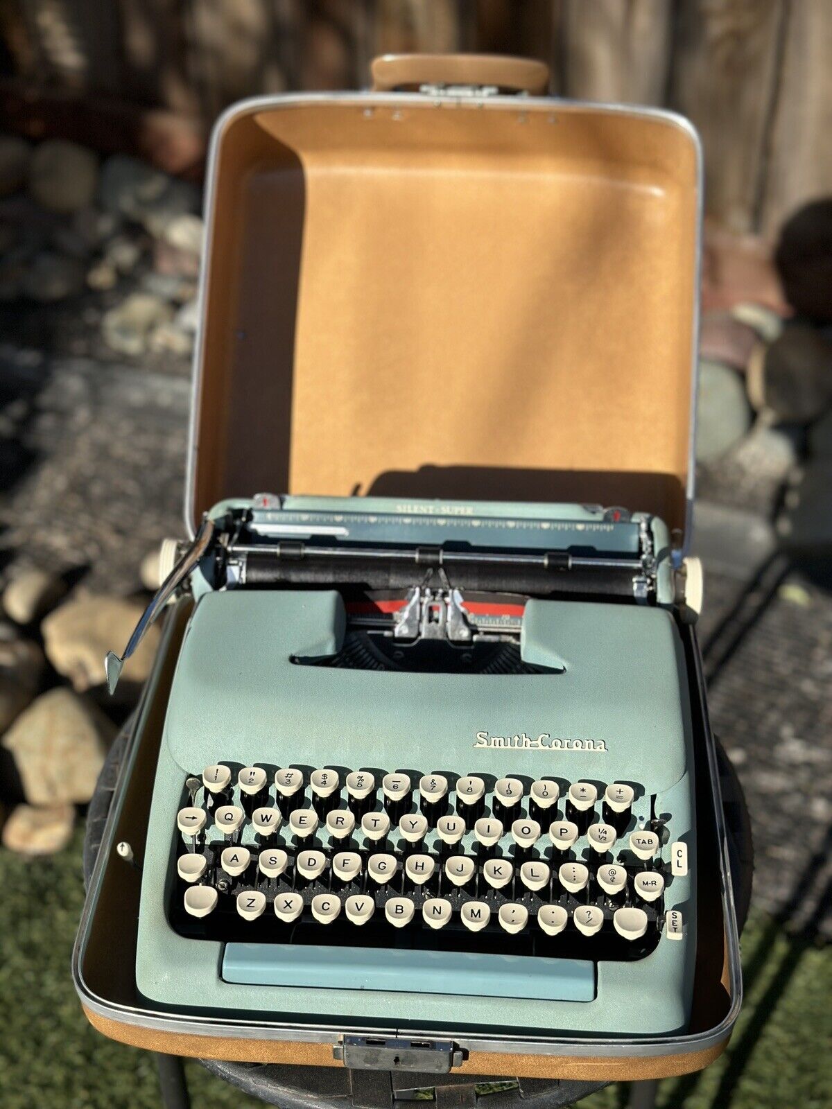 Vintage 1955 Smith Corona Silent Super Typewriter Light Teal w/ Tan Case