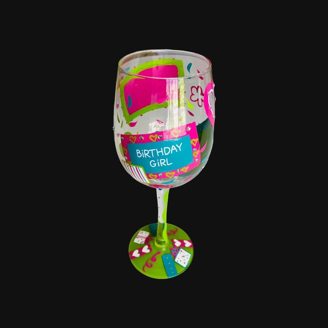 Lolita Hand Painted Wine Glass Happy Birthday Too - Rhinestone Recipe 16floz