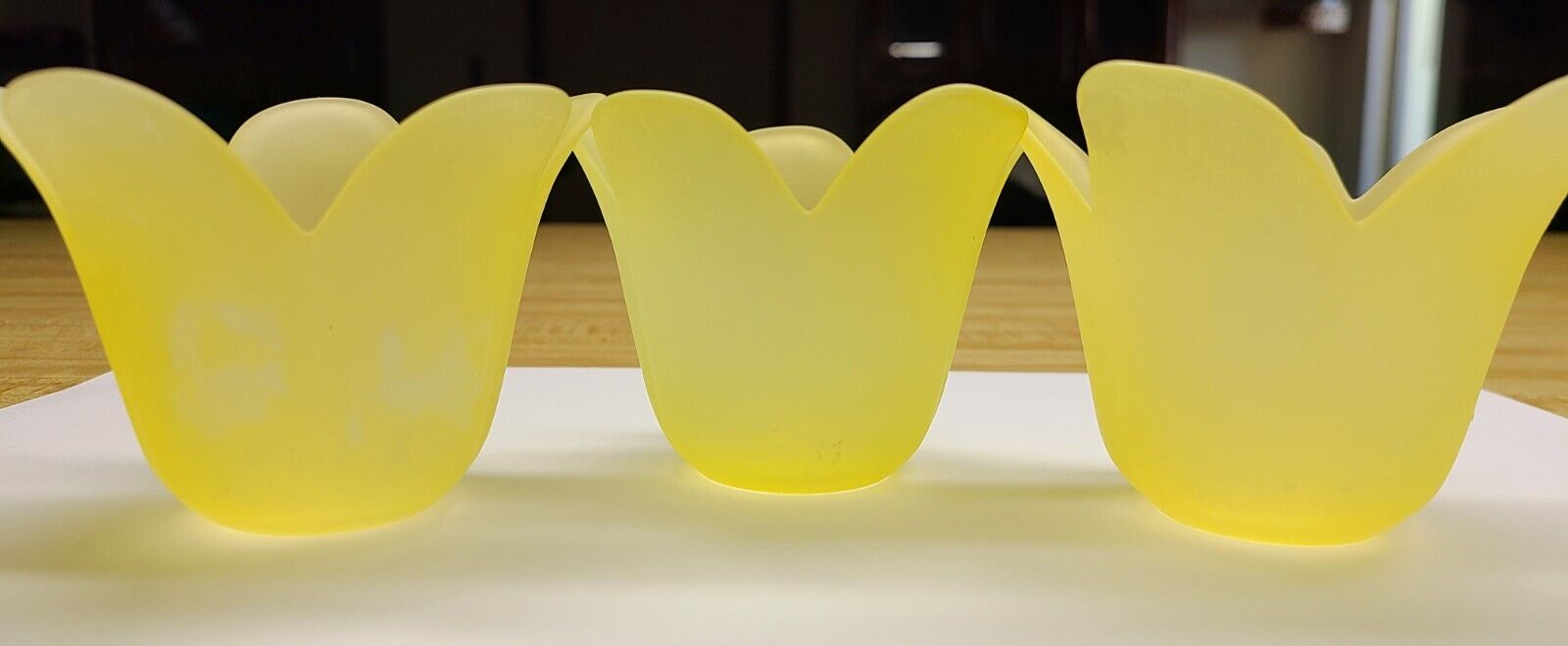 3 Vintage Yellow Glass Flower Candle Holders. Satin Frosted Glass. 