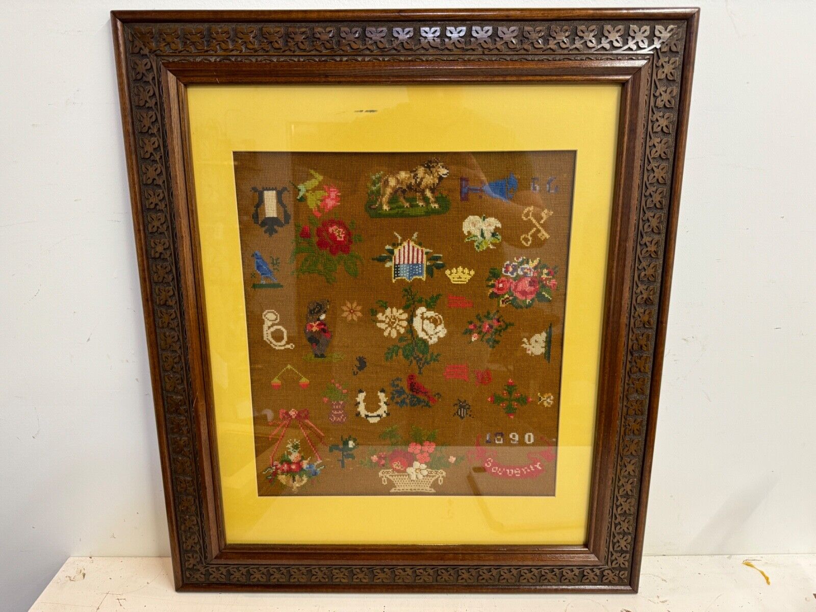 Antique United States Needlepoint Art w/ Floral and Animal Dec. Original Carved
