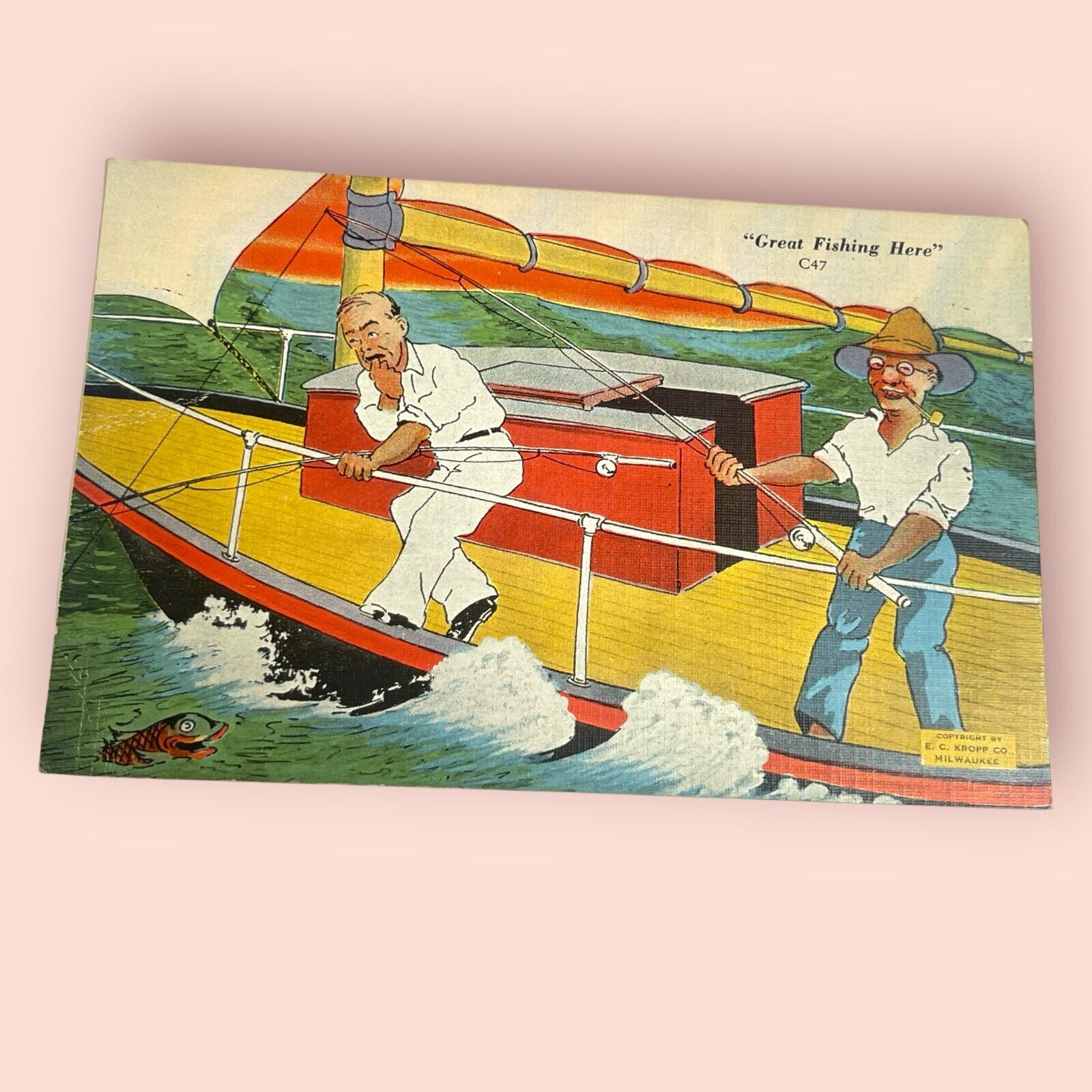 VINTAGE Great Fishing Here E C Kropp Co Postcard | Unused | P306