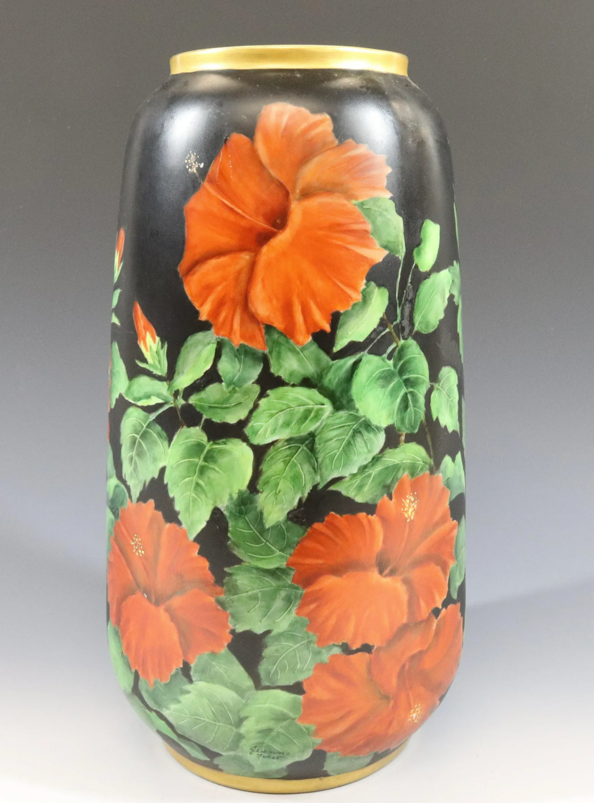 Amazing Large Hand Painted porcelain Vase by Jeanne Forst with Hibiscus Flowers