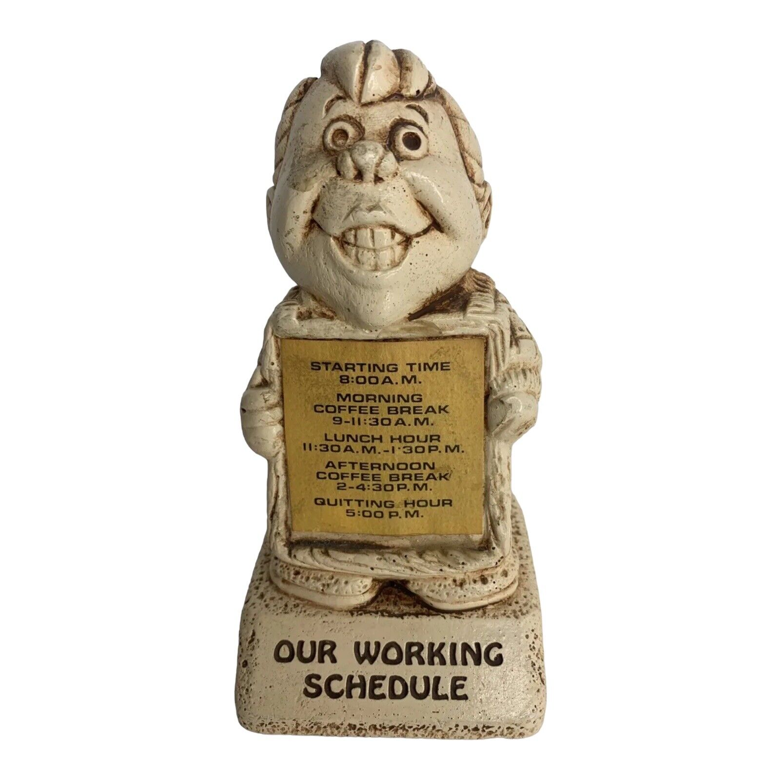 Vtg 1973 Our Working Schedule Gag Gift Man Sign Novelty Gift Paula Figurine USA