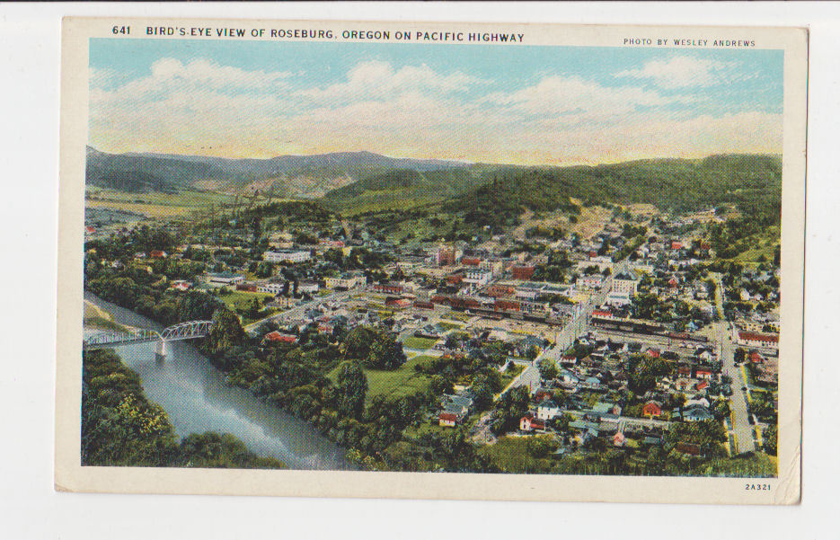 Postcard 1930s Roseburg aerial view Oregon on Pacific Highway vintage