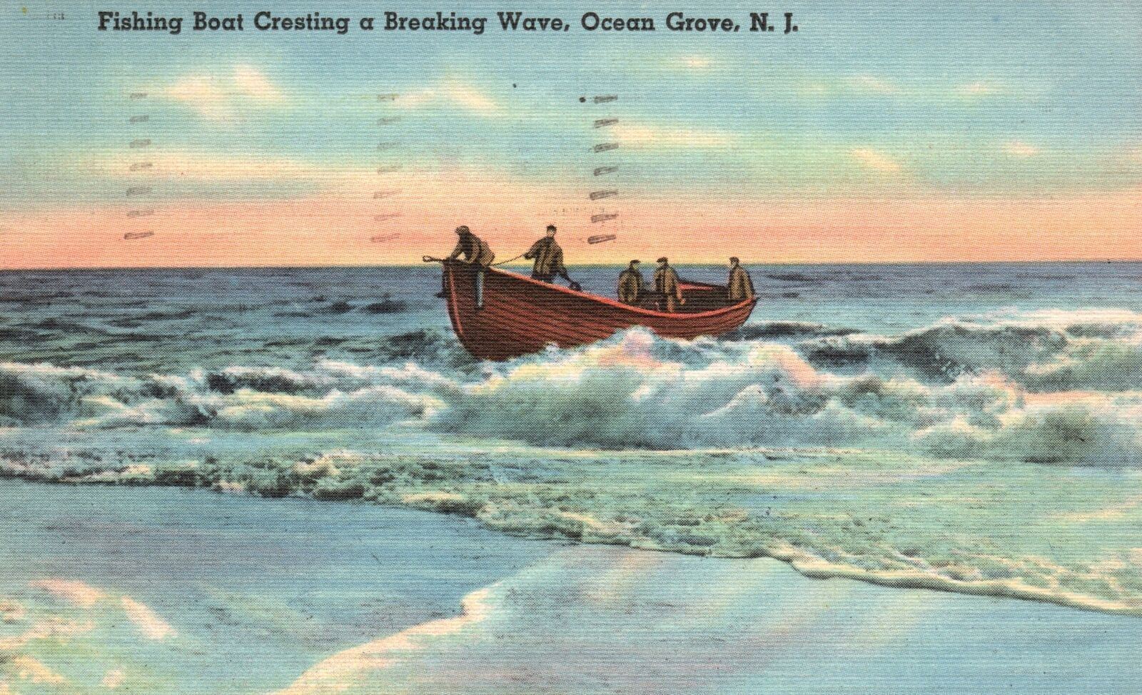 Vintage Postcard 1948 Fishing Boat Cresting Breaking Wave Ocean Grove New Jersey