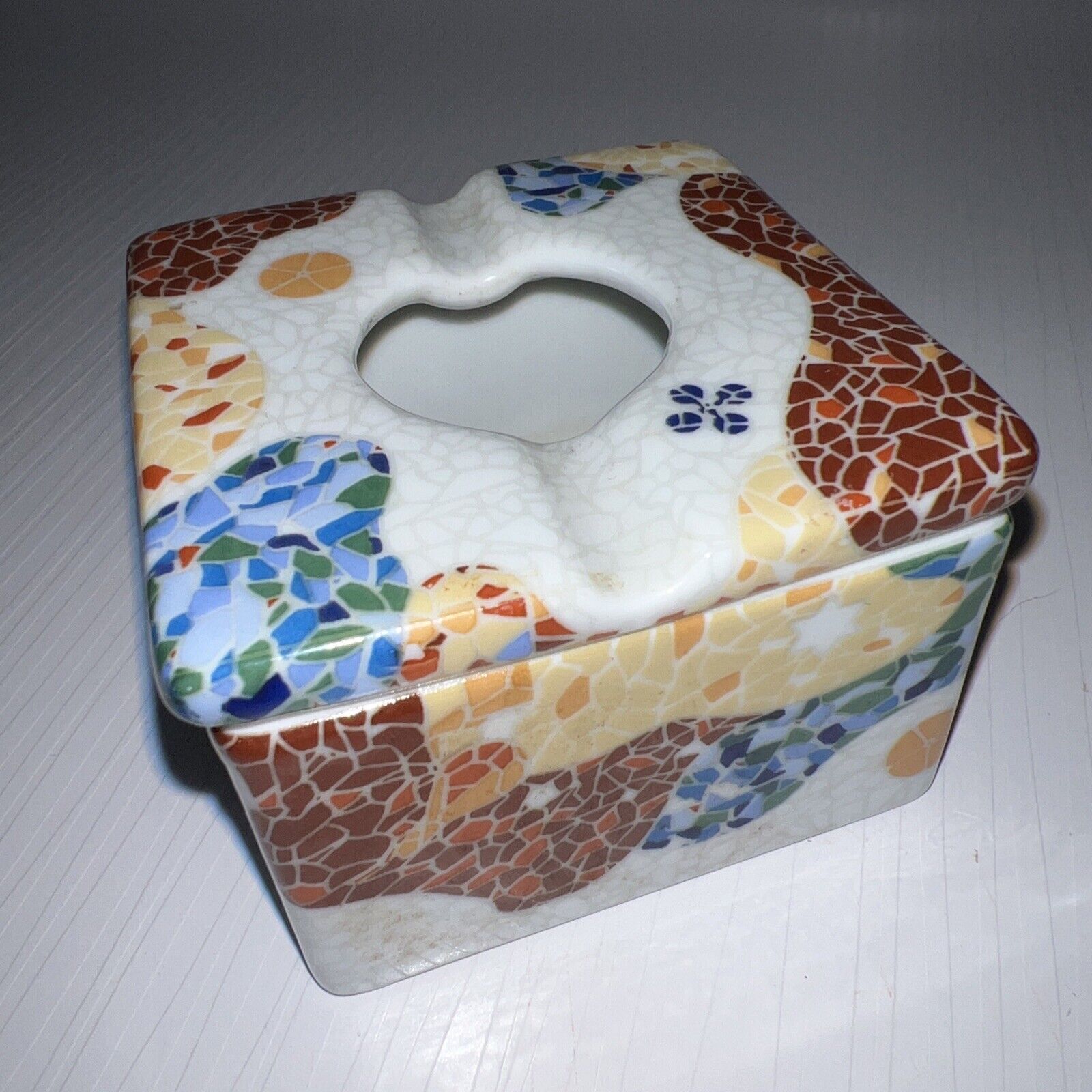 Ceramic Ashtray Antoni Gaudi Art Mosaic Box With Lid Barcelona Spain Trinket Box