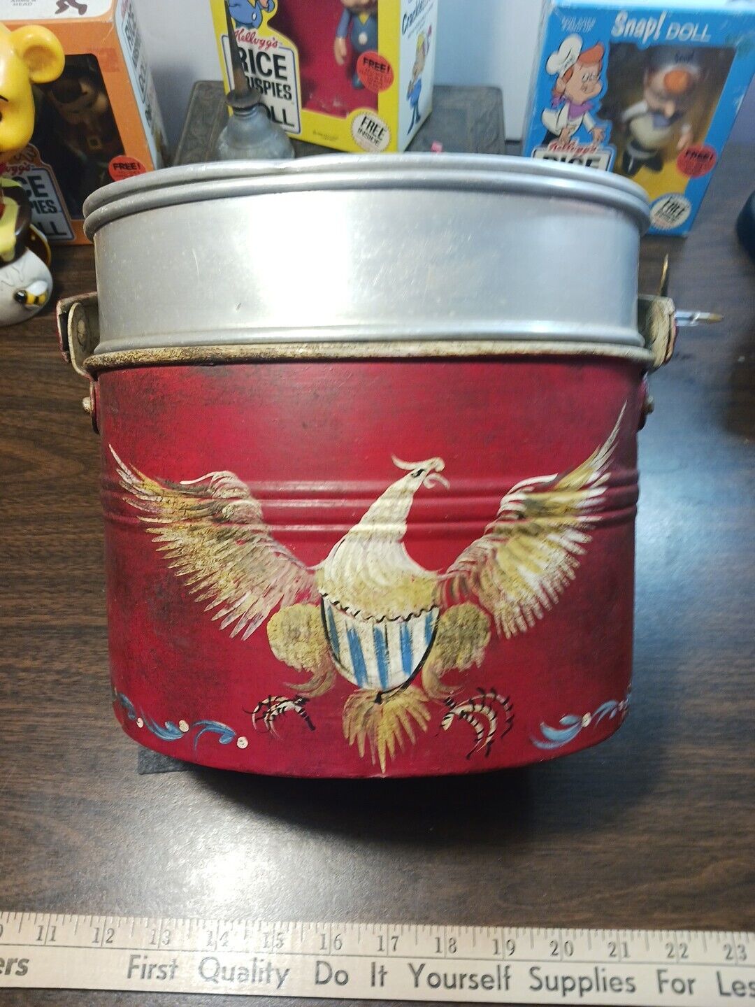 Vintage Buckeye Lunch PAIL W / LID. Folk Art Painted and Signed 
