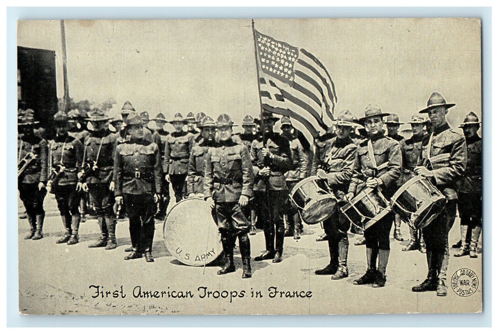 c1910s First American Troops in France Holding US Flag and Drums Postcard