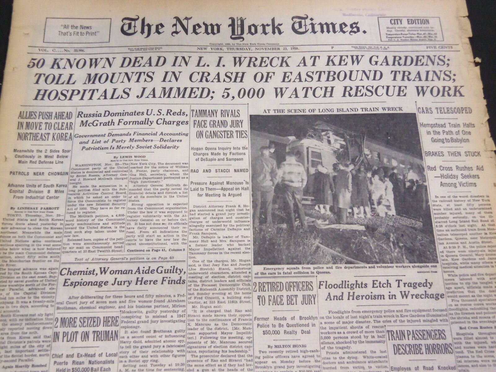 1950 NOVEMBER 23 NEW YORK TIMES - KEW GARDENS WRECK 50 DEAD - NT 4290