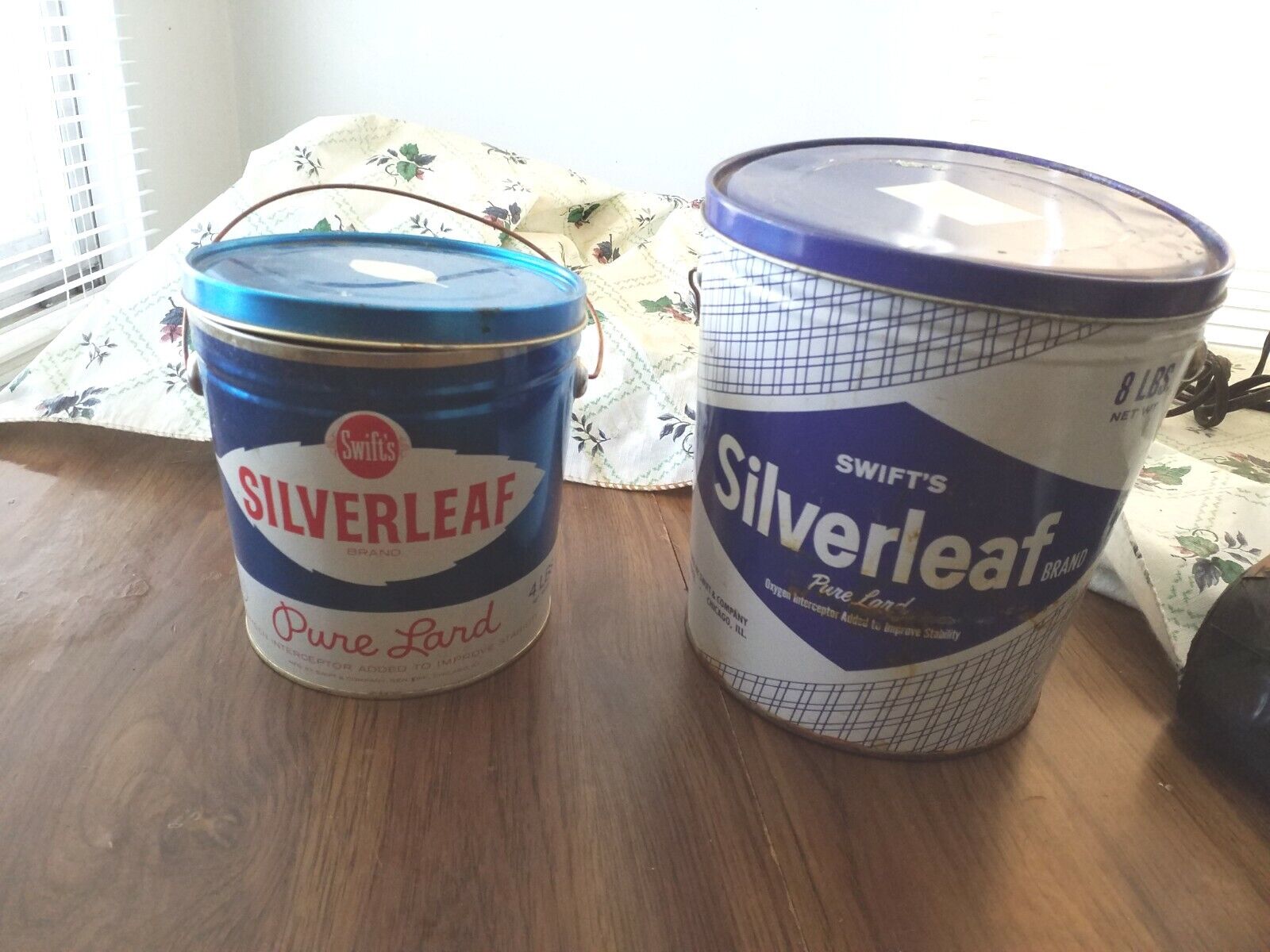 2 Vintage SWIFT\'S SILVERLEAF Brand Pure Lard 8 Lb. Advertising Can/Pail & Smalle