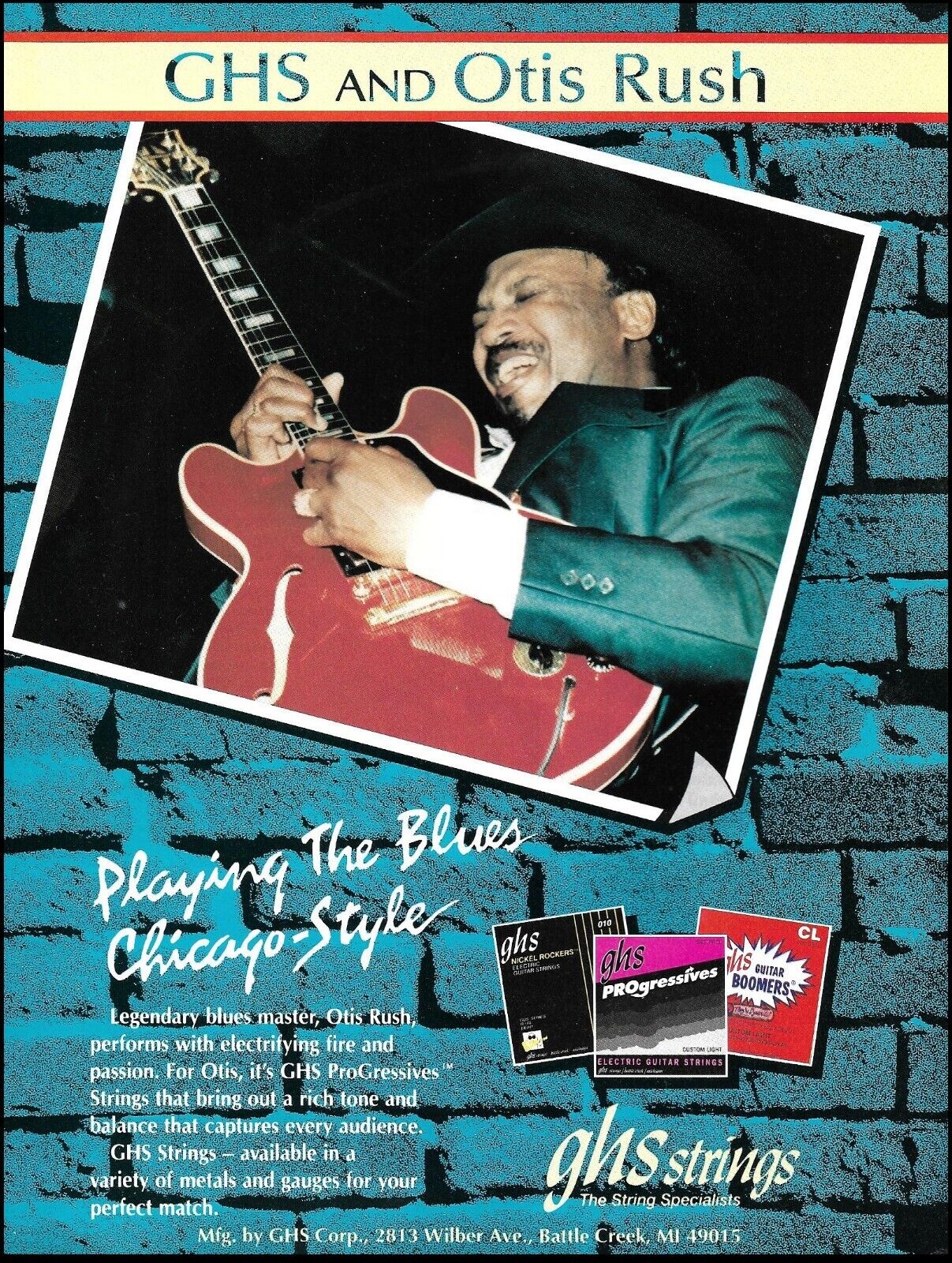 Otis Rush has GHS strings on his Gibson ES-355 guitar 1993 advertisement print