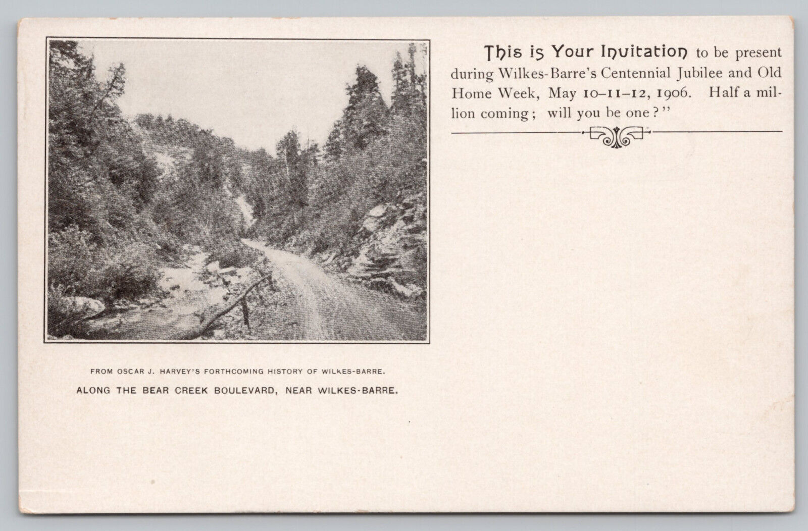Wilkes Barre PA Pennsylvania - 1906 Centennial Jubilee Postcard  Bear Creek blvd