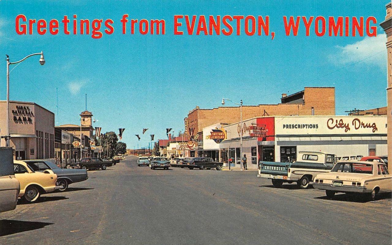 EVANSTON, WY Wyoming STREET SCENE  City Drug~Sutton Jewelry~Bank Chrome Postcard