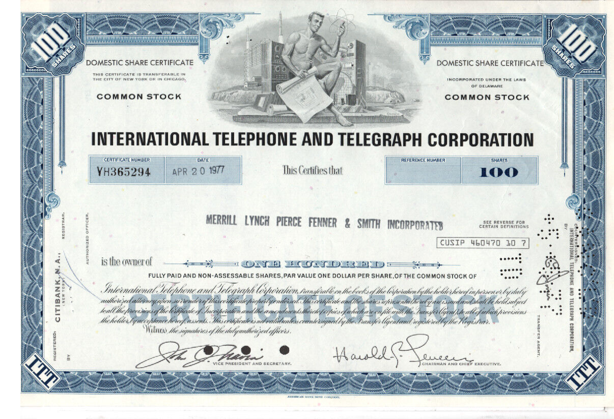 International Telephone-Telegraph - Original Stock Certificate - 1977 - YH36529