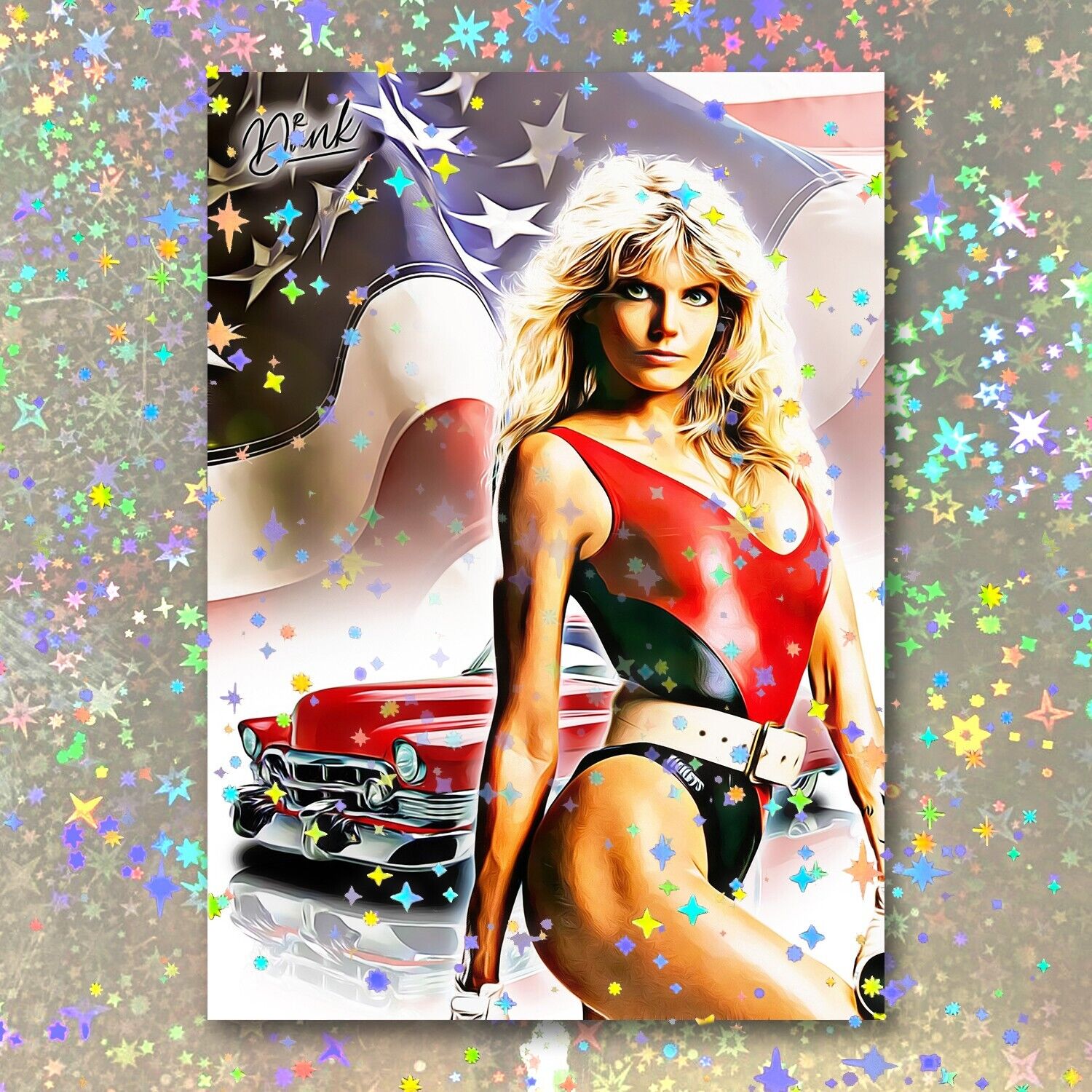 Cheryl Tiegs Holographic Pin-Up Patriot Sketch Card Limited 1/5 Dr. Dunk Signed
