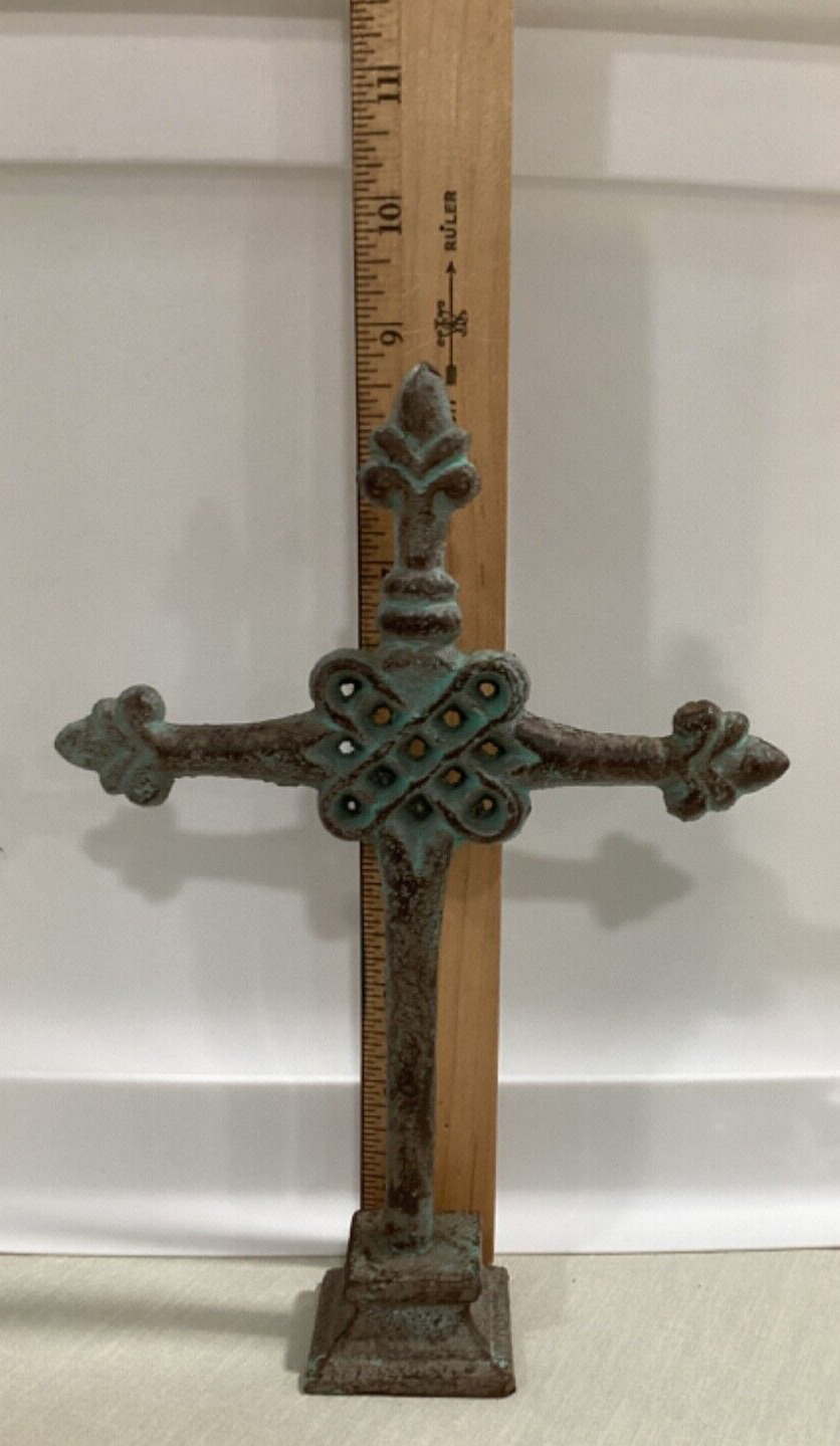 Vtg Antiqued Cast Iron Celtic Irish Style High Cross Free Standing