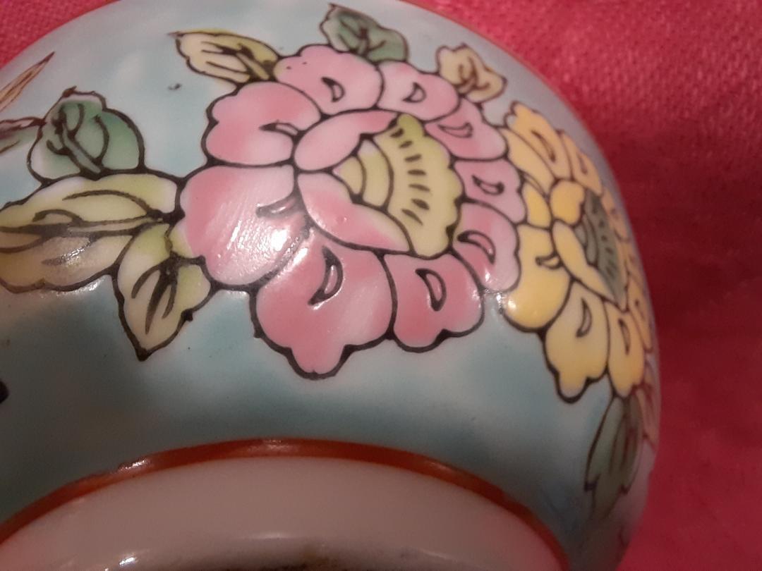 Chinese cloisonné rice bowl Pastel Blue, Green and Yellow and Pink Floral
