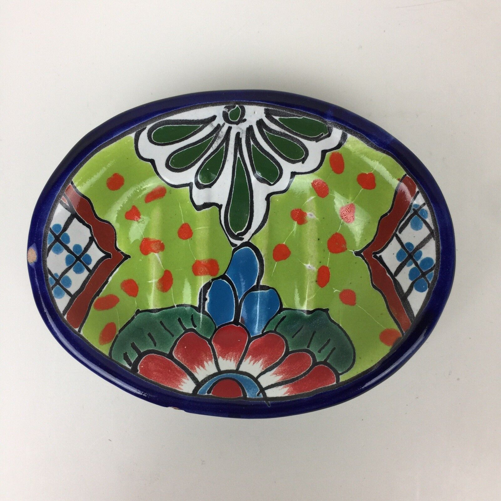 Talavera Style Ceramic Soap Dish 5.75”x 4.5” Mexican Folk Art Pottery Used