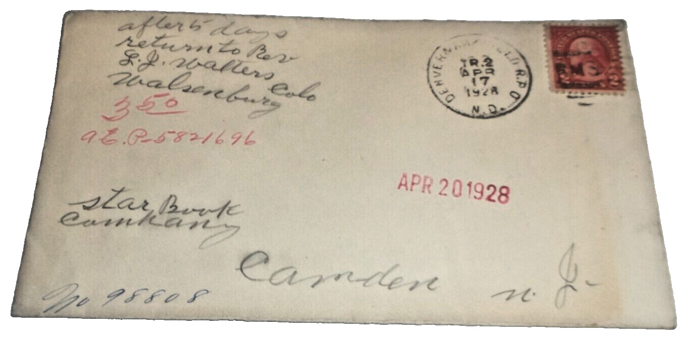 1928 CB&Q BURLINGTON ROUTE FW&D C&S DENVER & AMARILLO TRAIN #2 RPO ENVELOPE