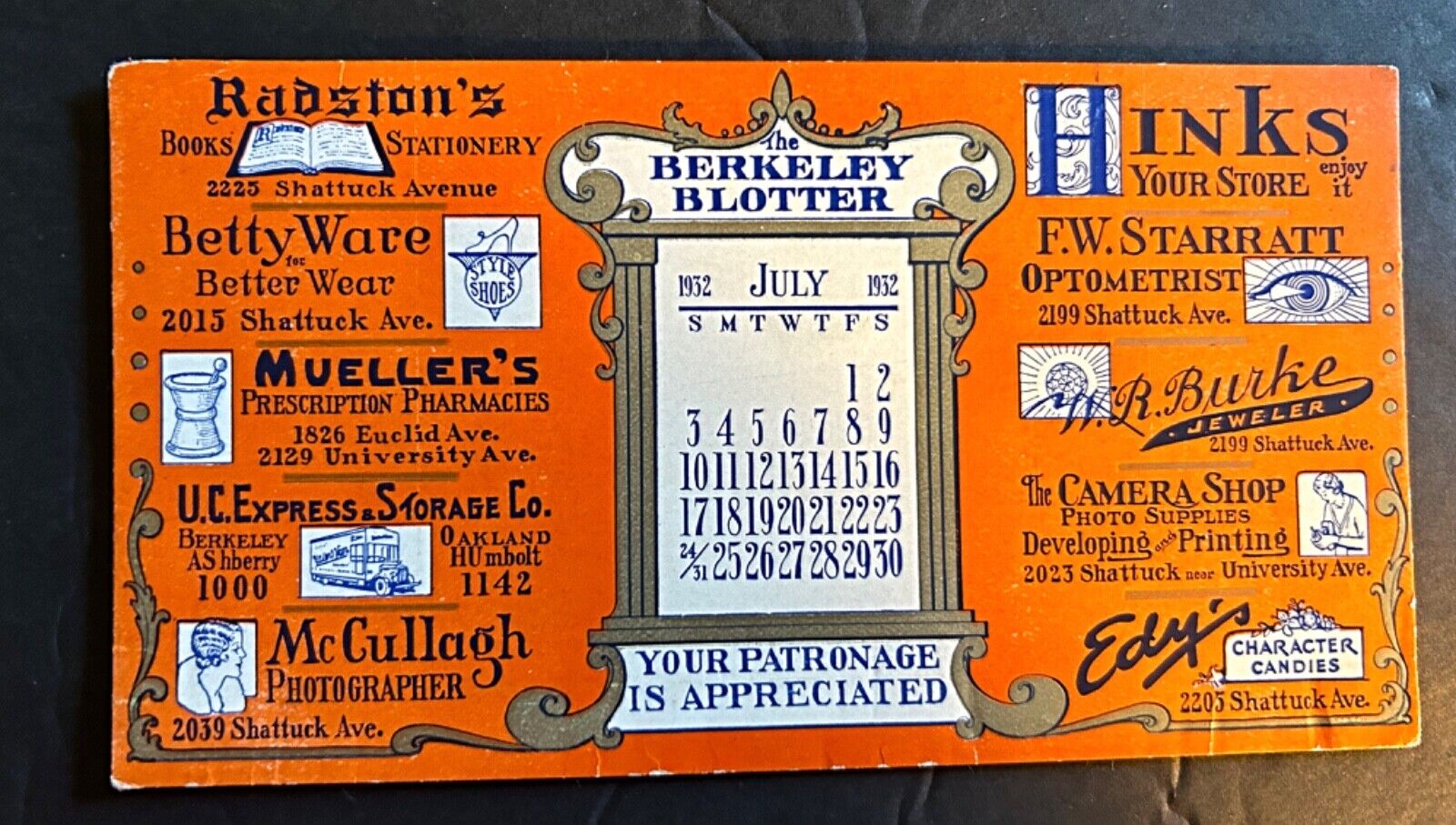 1932 Calendar Ink Blotter Berkeley CA Businesses Shattuck Avenue
