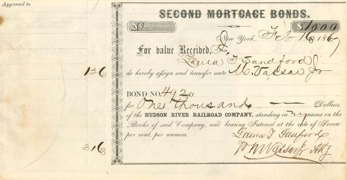 Hudson River Railroad Co. signed by Matthew Vassar, Jr. - Autographed Stocks & B