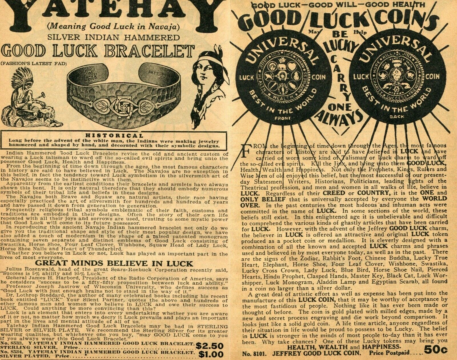 1934 Print Ad Jeffrey Good Luck Coins Indian Yatehay Bracelet Horseshoe Swastika