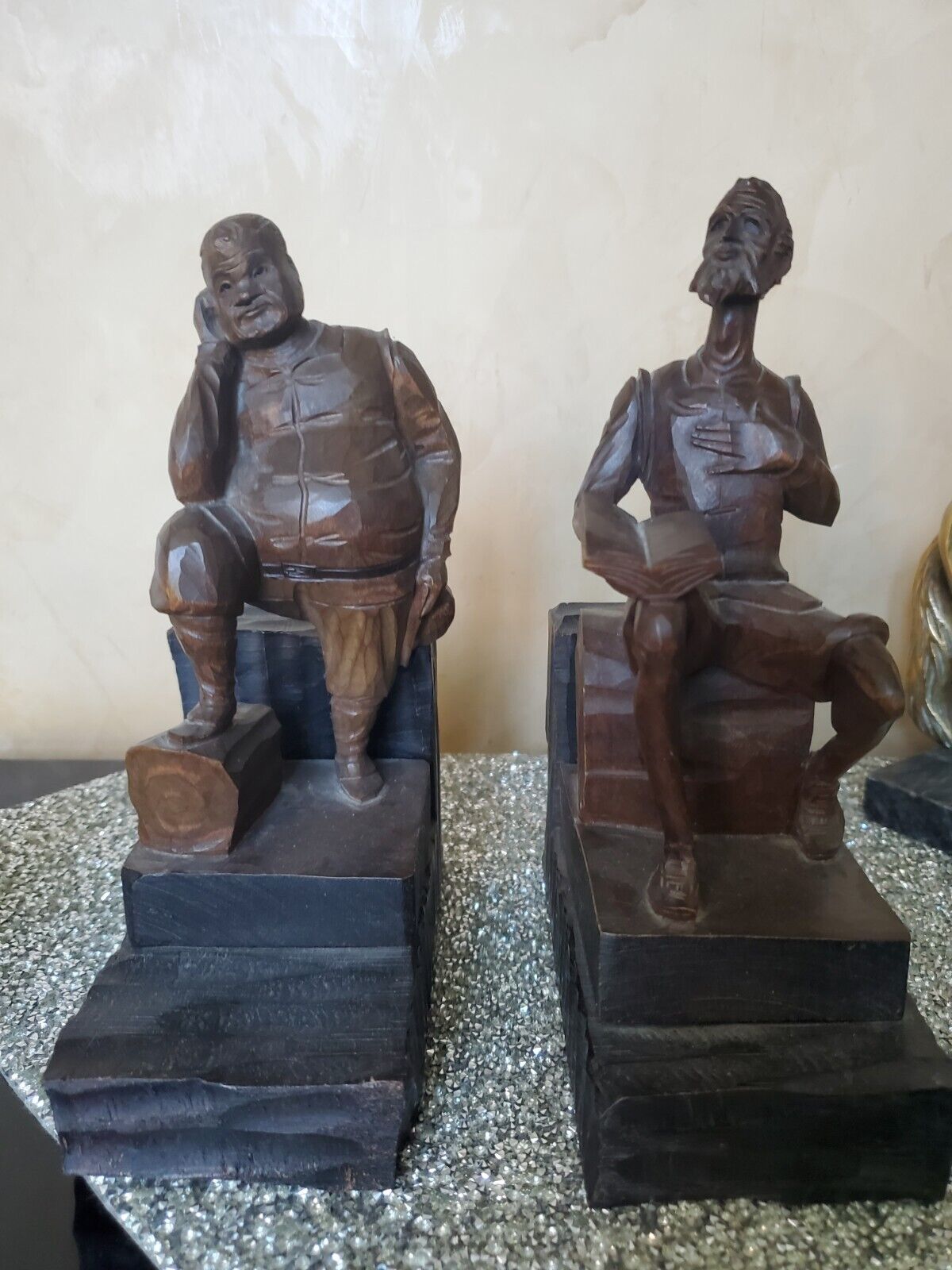 Vintage - Hand Carved & Stained Wooden Don Quixote And Sancho Panza Bookends