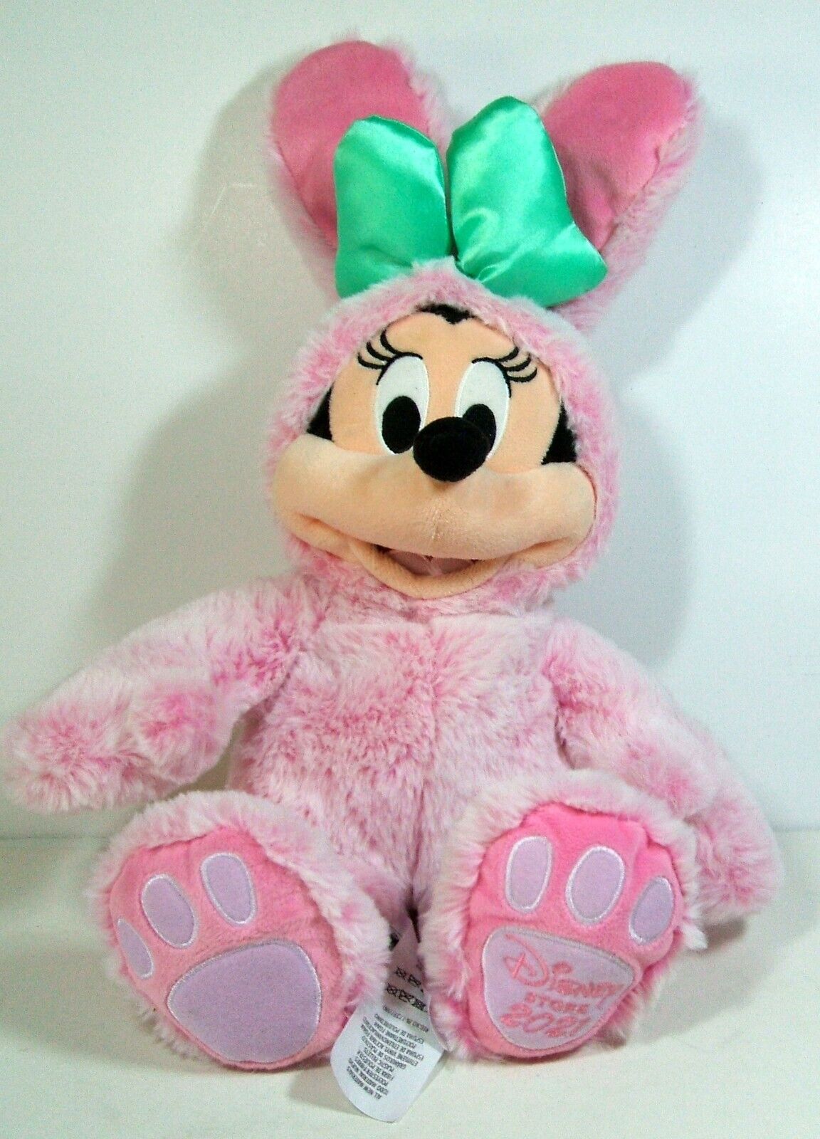 Disney Store Minnie Mouse 14 in Easter Bunny Pink Fur Super Soft Green Hairbow